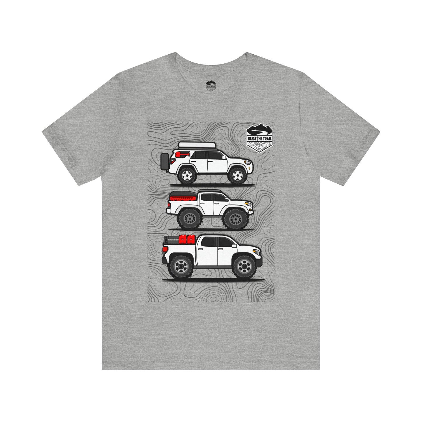 Topo Toyota Trail Trio Tee: Embrace Adventure with Iconic 4Runner, Tacoma, and Tundra